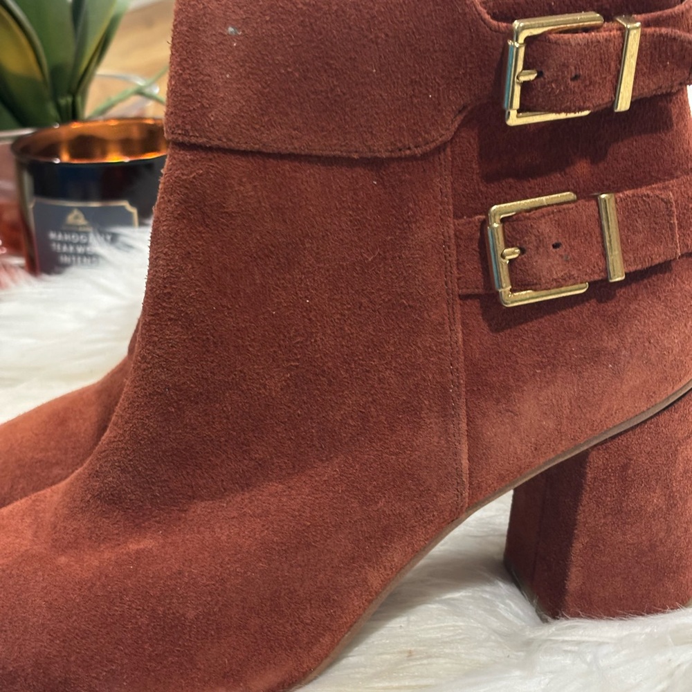 Franco Sarto Rust Suede Ankle Boots with Gold Buckles
